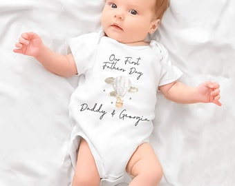 Personalised First Fathers Day baby grow vest, Short sleeve baby onsie, daddy and baby balloon fathers day clothing, Personalised babywear