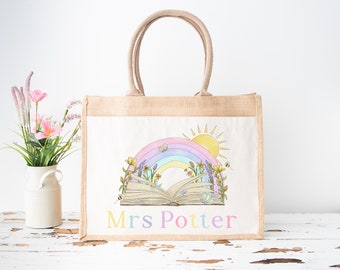 Personalised teacher bag, custom printed teaching assistant shopper bag, unique gift for childminder, rainbow book print present for school