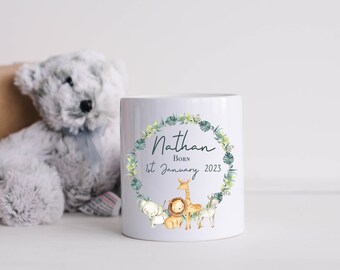Personalised Jungle Christening Money Box - Customisable Baby Savings Jar - Safari Themed Piggy Bank - New Baby Gift - Jungle Nursery Decor