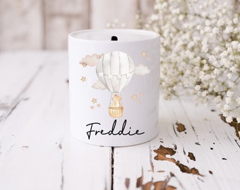 Personalised Hot Air Balloon Money Box - Customisable Baby Savings Jar - Rainbow Themed Piggy Bank - New Baby Gift - Jungle Nursery Decor