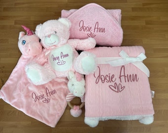 New Baby Pink Personalised Unicorn Blanket Set - Unicorn Comforter - Newborn Gift Box - Towel - Teether - Rattle - Teddy Bunny - Baby Girl