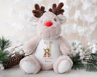 Personalised First Christmas Reindeer Teddy Bear, New Baby 1st Christmas Teddy Keepsake, Custom Printed Xmas Reindeer Bear, Newborn Gift
