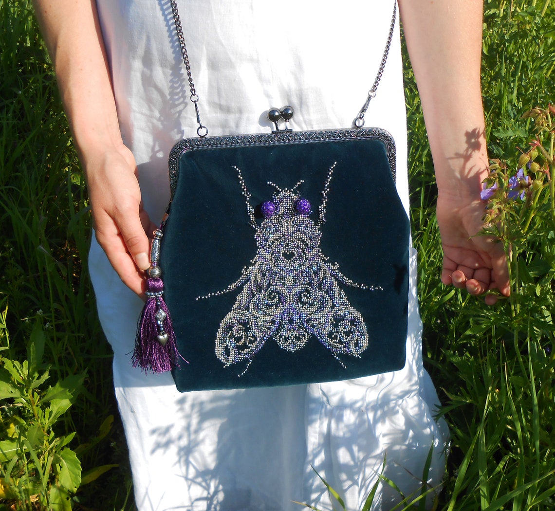 Silver fly velvet purse /Black beaded purse with insect print Etsy