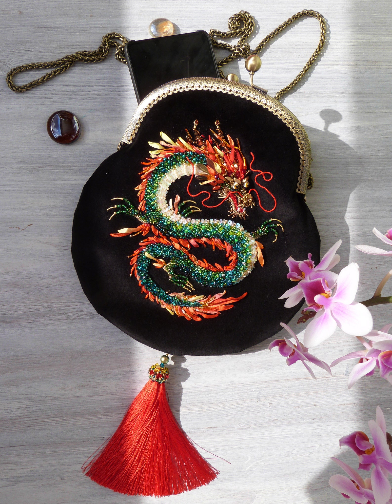 Chinese dragon black velvet crossbody bag with tassel/ Green Etsy