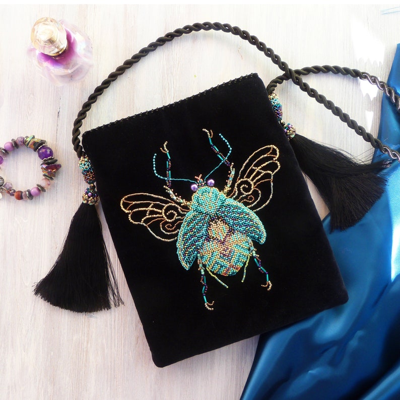 Navy velvet blue beetle beaded purse with tassels/Embroidered image 0