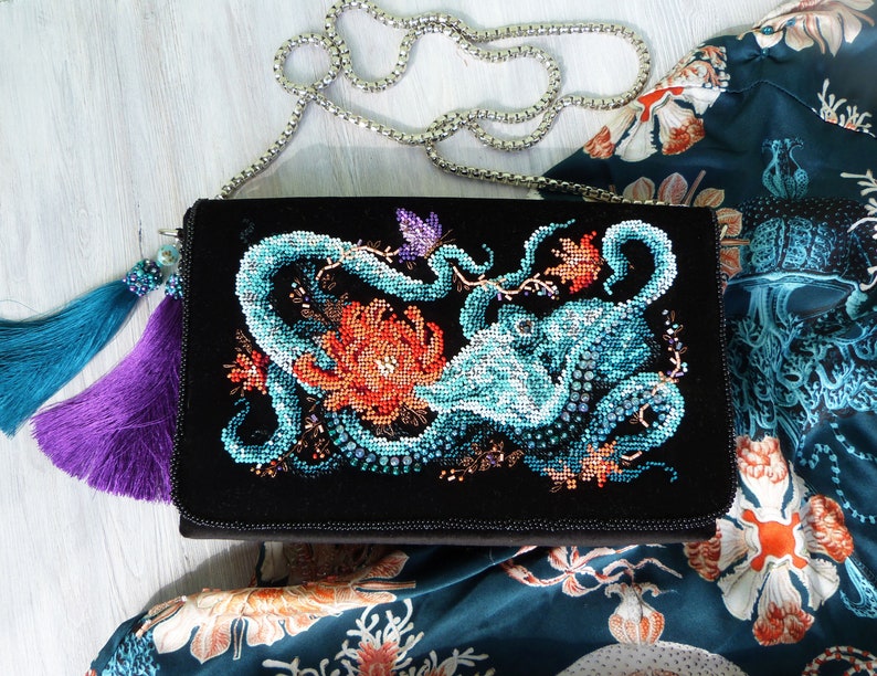 Blue octopus velvet clutch purse/ Sea monster crossbody clutch Etsy