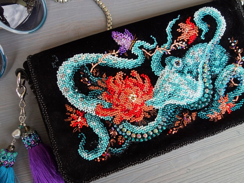 Blue octopus velvet clutch purse/ Sea monster crossbody clutch Etsy