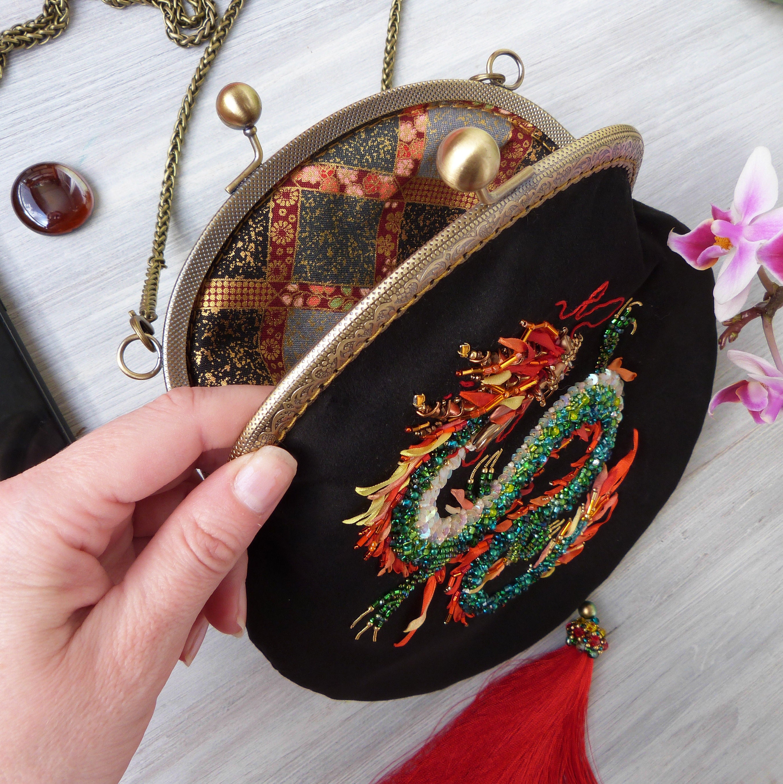 Chinese dragon black velvet crossbody bag with tassel/ Green Etsy