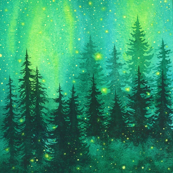 Enchanted Forest Painting Night Sky Original Art 8" x 8" Magical Forest Painting Fireflies Art Forest Artwork by SpaceOleandrArt