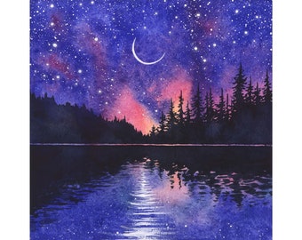 Appalachian Mountains Painting Acadia National Park Original Art 8" by 8" Night Sky Painting Pond Artwork Moon Art by SpaceOleandrArt