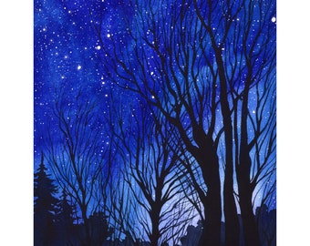 Dark Forest Painting Night Sky Original Art 8" x 10" Enchanted Forest Celestial Watercolor