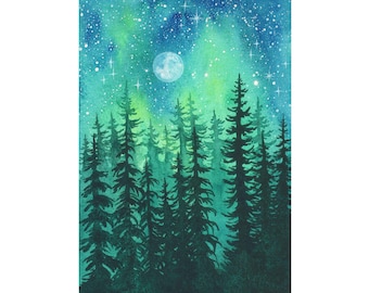 Moon Painting Night Sky Original Art 5" by 7" Celestial Watercolor Painting Forest Artwork by SpaceOleandrArt