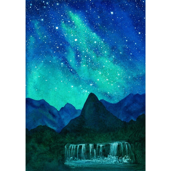 Isle of Skye Painting Fairy Pools Original Art 5.5" x 8" Night Sky Painting Waterfall Artwork Milky Way Art by SpaceOleanderArt