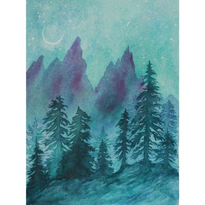Grand Teton National Park Painting Moon Original Art 9" by 12" Night Sky Painting Pine Tree Art Mountain Artwork by SpaceOleandrArt