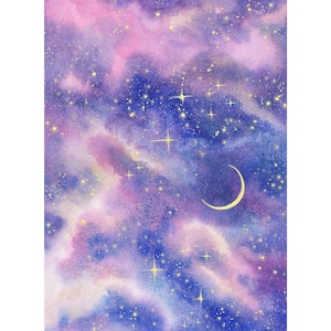 May include: A watercolor painting depicting a night sky filled with swirling clouds in shades of purple, pink, and blue. A bright yellow crescent moon is positioned on the right side, surrounded by numerous small, scattered yellow stars.