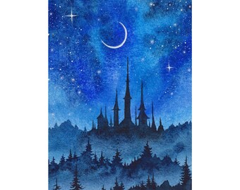 May include: A watercolor painting depicting a dark blue night sky filled with stars and a crescent moon above a silhouette of a castle with tall spires. Below the castle, a dense forest of pine trees is rendered in shades of deep blue and indigo.