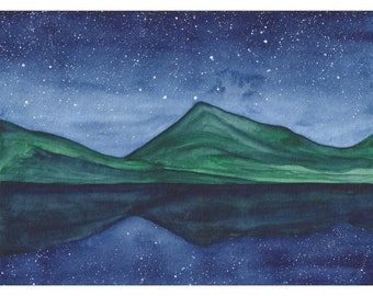 Tahoe Lake peinture art original ciel nocturne 11 x 20 cm, peinture d'ambiance nuit étoilée art montagne oeuvre d'art par SpaceOleandrArt