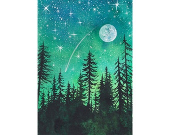 Starry Sky Watercolor Tiny Painting Enchanted Forest Original Art 5" x 7" Night Sky Artwork