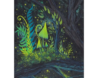 Mushroom Gouache Original Painting Moss 5" x 7" Tiny Magical Forest Art