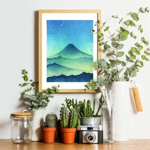 Fuji Painting Night Sky Original Art 5 by 7 Japanese Landscape Painting Mount Fuji Art Celestial Watercolor by SpaceOleandrArt image 3