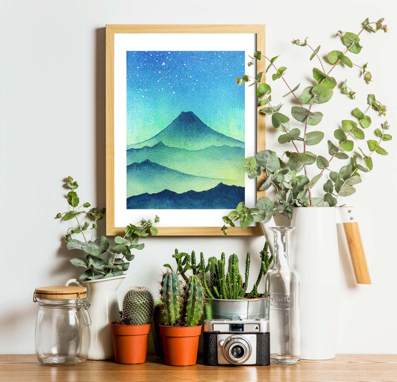 Fuji Painting Night Sky Original Art 5 by 7 Japanese Landscape Painting Mount Fuji Art Celestial Watercolor by SpaceOleandrArt image 3