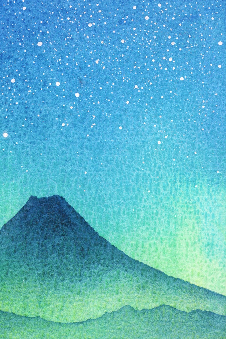 Fuji Painting Night Sky Original Art 5 by 7 Japanese Landscape Painting Mount Fuji Art Celestial Watercolor by SpaceOleandrArt image 4