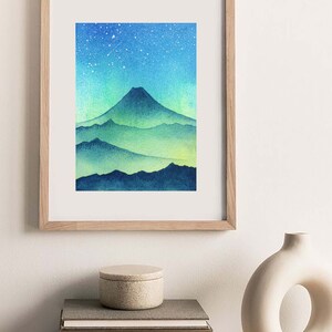 Fuji Painting Night Sky Original Art 5 by 7 Japanese Landscape Painting Mount Fuji Art Celestial Watercolor by SpaceOleandrArt image 7