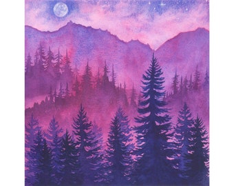 Sequoia National Park Painting Night Sky Original Art 8" x 8" Redwood Painting Moon Artwork Pine Tree Art by SpaceOleandrArt