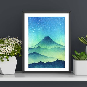 Fuji Painting Night Sky Original Art 5 by 7 Japanese Landscape Painting Mount Fuji Art Celestial Watercolor by SpaceOleandrArt image 5