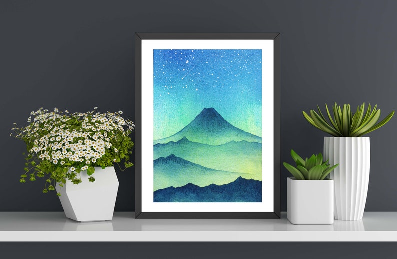 Fuji Painting Night Sky Original Art 5 by 7 Japanese Landscape Painting Mount Fuji Art Celestial Watercolor by SpaceOleandrArt image 5