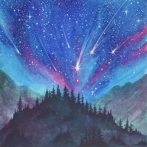 May include: A watercolor painting of a dark forest silhouetted against a night sky with shooting stars and a pink and blue aurora borealis.