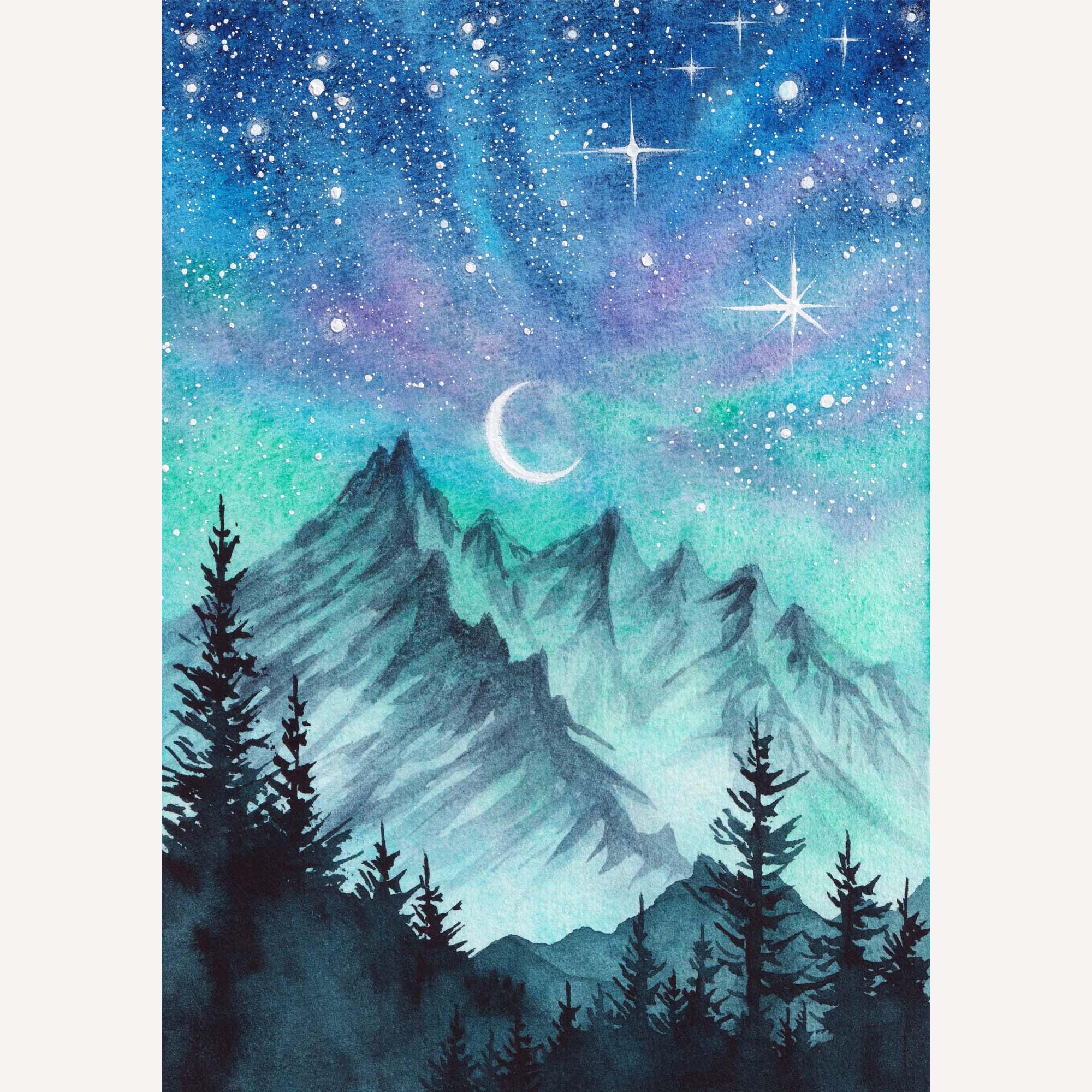 Tiny Night Sky Painting Mountain Original Art 5"x7" Enchanted Forest ...