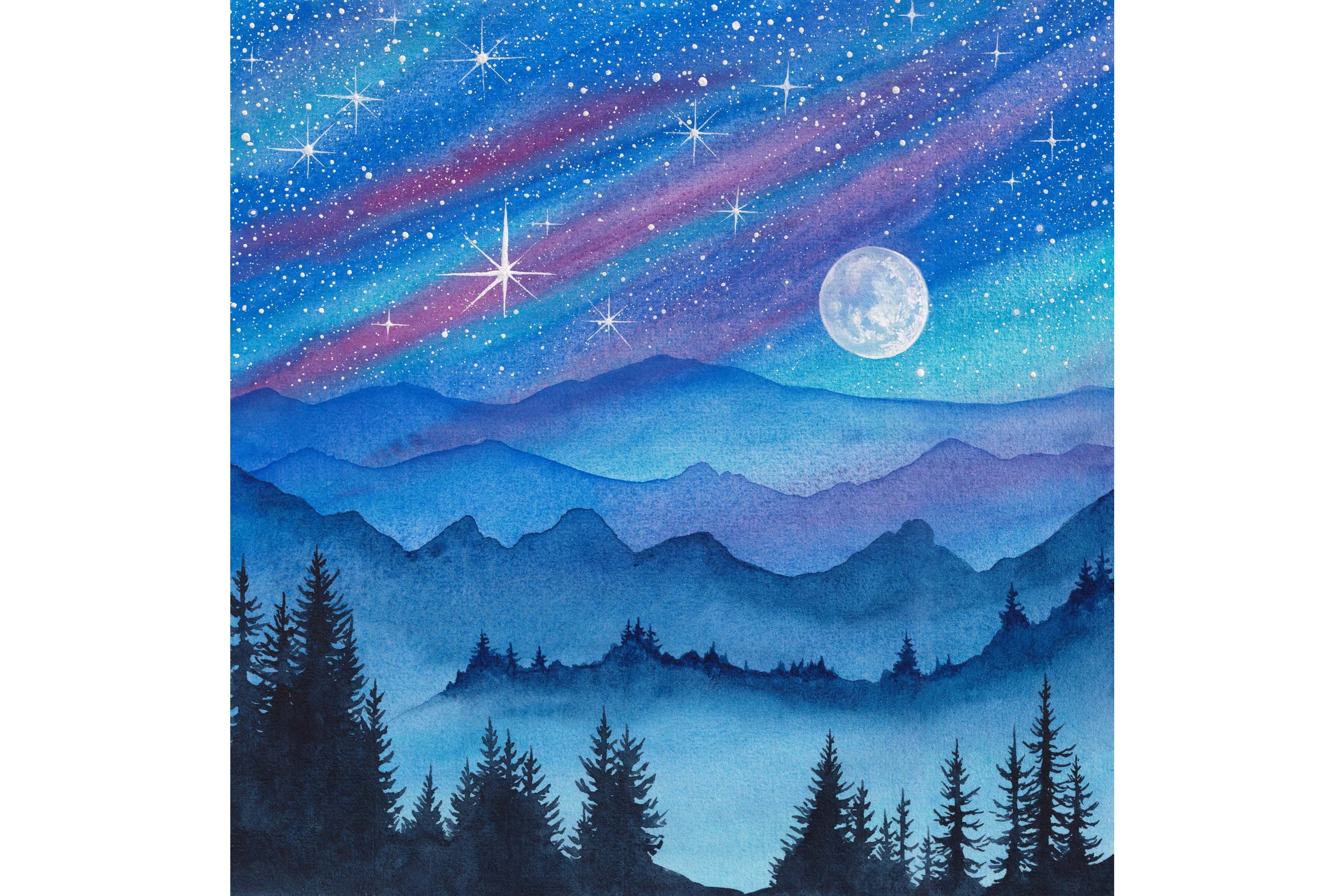 Nighttime Painting Night Sky Original Art 10" x 10" Moon Painting Forest Artwork Celestial Watercolor Mountain Artwork by SpaceOleandrArt