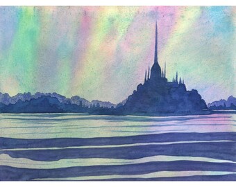 Mont St Michel Original Watercolor Painting Skyline 12" x 10" Normandy Coastal Abbey France Landscape