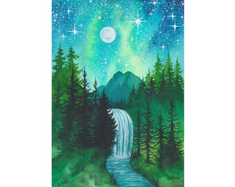 May include: A watercolor painting of a waterfall cascading down a mountainside, surrounded by a lush forest. The sky is a vibrant blue with a full moon and twinkling stars.