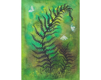 Fern Painting Butterfly Original Art 5,5" by 4" Woodland Painting  Enchanted Forest Art Small Artwork by SpaceOleandrArt