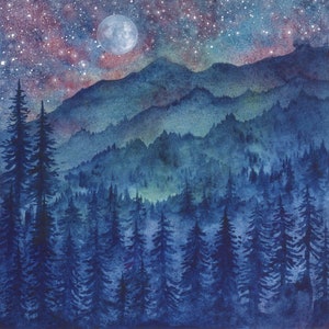 Watercolor Painting, Moon Painting, Moon Print, Moon Phase, Full Moon,  Night Sky Print, Night Sky, Stars, Moon,print Titled,goodnight Moon 