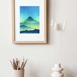 Fuji Painting Night Sky Original Art 5 by 7 Japanese Landscape Painting Mount Fuji Art Celestial Watercolor by SpaceOleandrArt image 9