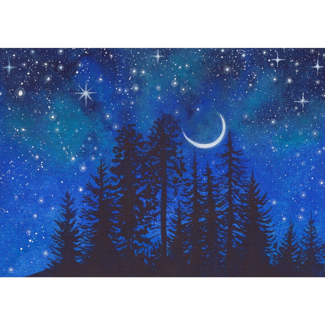 Dark Forest Painting Tiny Night Sky Original Art 5"x7" Enchanted Forest ...