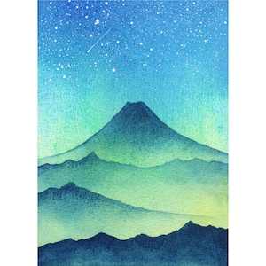 Fuji Painting Night Sky Original Art 5 by 7 Japanese Landscape Painting Mount Fuji Art Celestial Watercolor by SpaceOleandrArt image 1