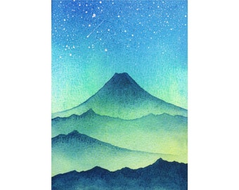 Fuji Painting Night Sky Original Art 5" by 7" Japanese Landscape Painting Mount Fuji Art Celestial Watercolor by SpaceOleandrArt