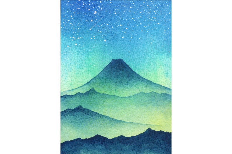 Fuji Painting Night Sky Original Art 5 by 7 Japanese Landscape Painting Mount Fuji Art Celestial Watercolor by SpaceOleandrArt image 1