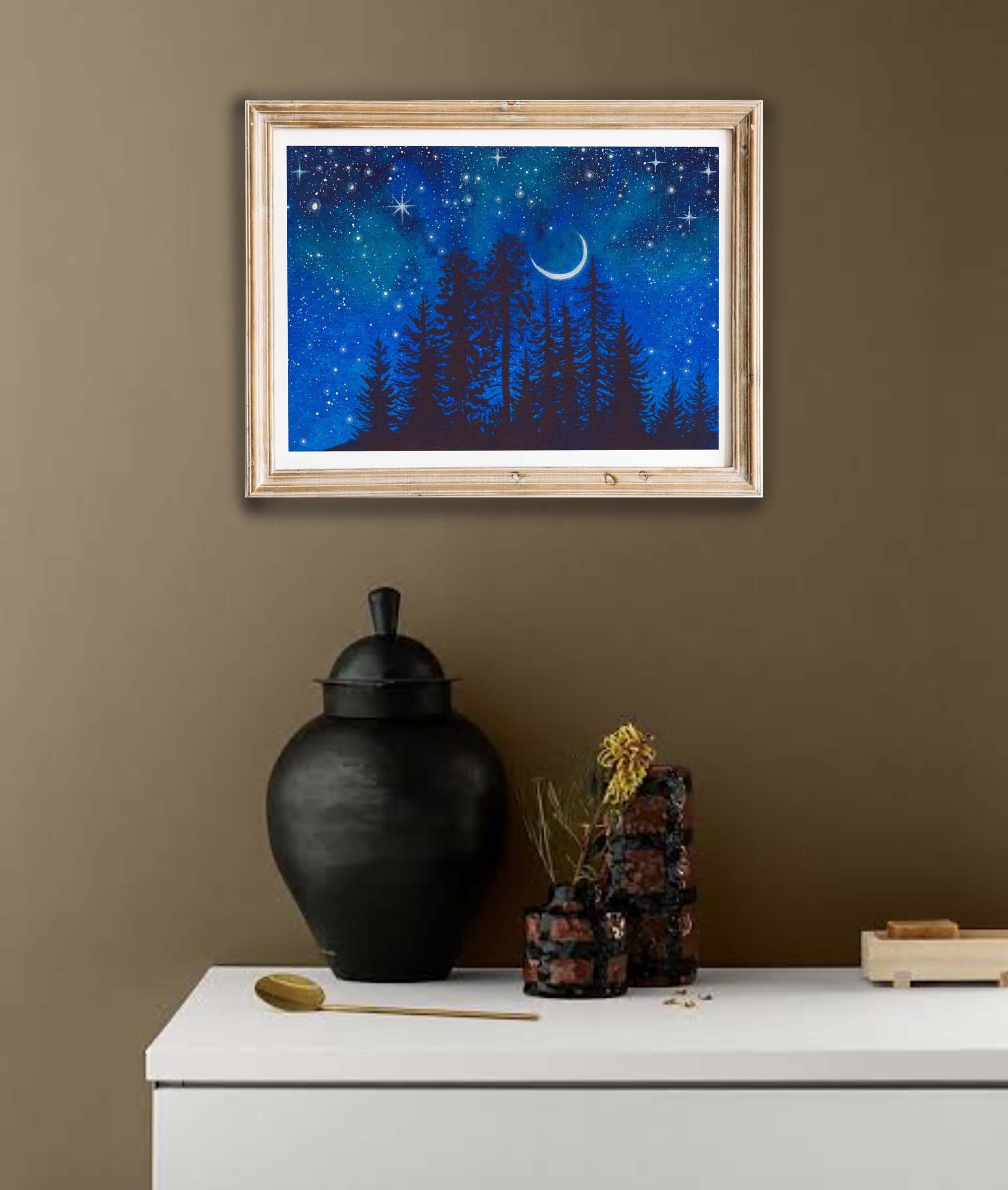 Dark Forest Painting Tiny Night Sky Original Art 5"x7" Enchanted Forest ...