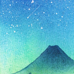 Fuji Painting Night Sky Original Art 5 by 7 Japanese Landscape Painting Mount Fuji Art Celestial Watercolor by SpaceOleandrArt image 2