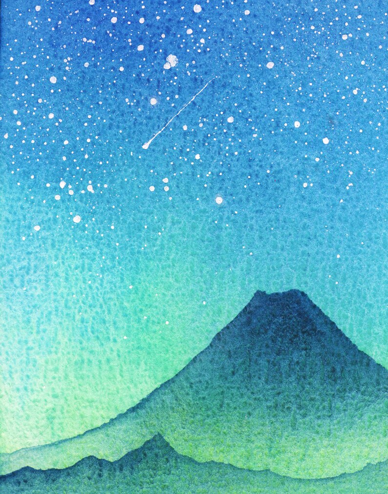 Fuji Painting Night Sky Original Art 5 by 7 Japanese Landscape Painting Mount Fuji Art Celestial Watercolor by SpaceOleandrArt image 2