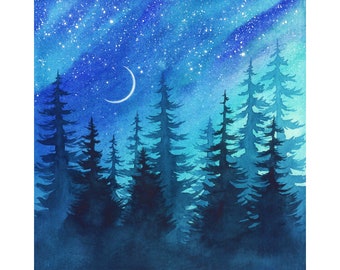 Night Forest Painting Night Sky Original Art 10" x 10" Moon Painting Forest Artwork Celestial Watercolor by SpaceOleandrArt