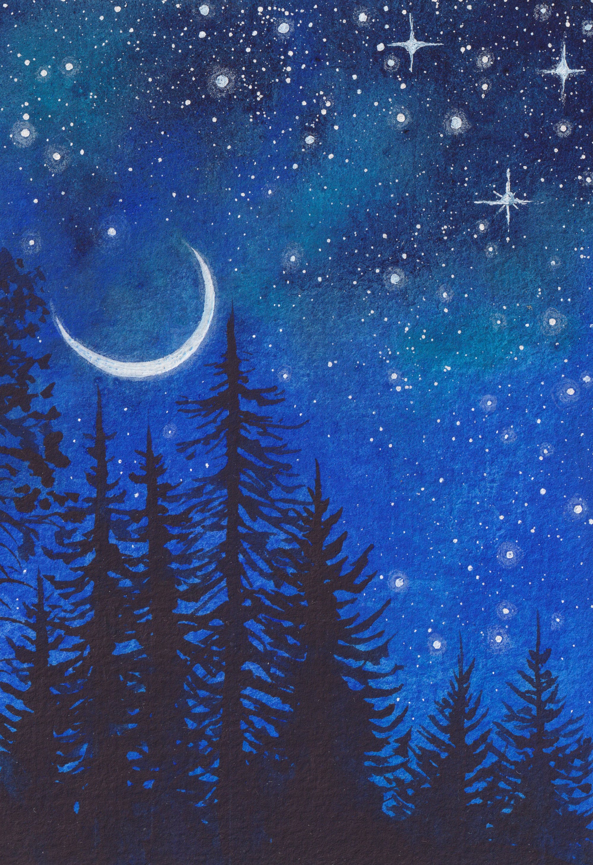 Dark Forest Painting Tiny Night Sky Original Art 5"x7" Enchanted Forest ...