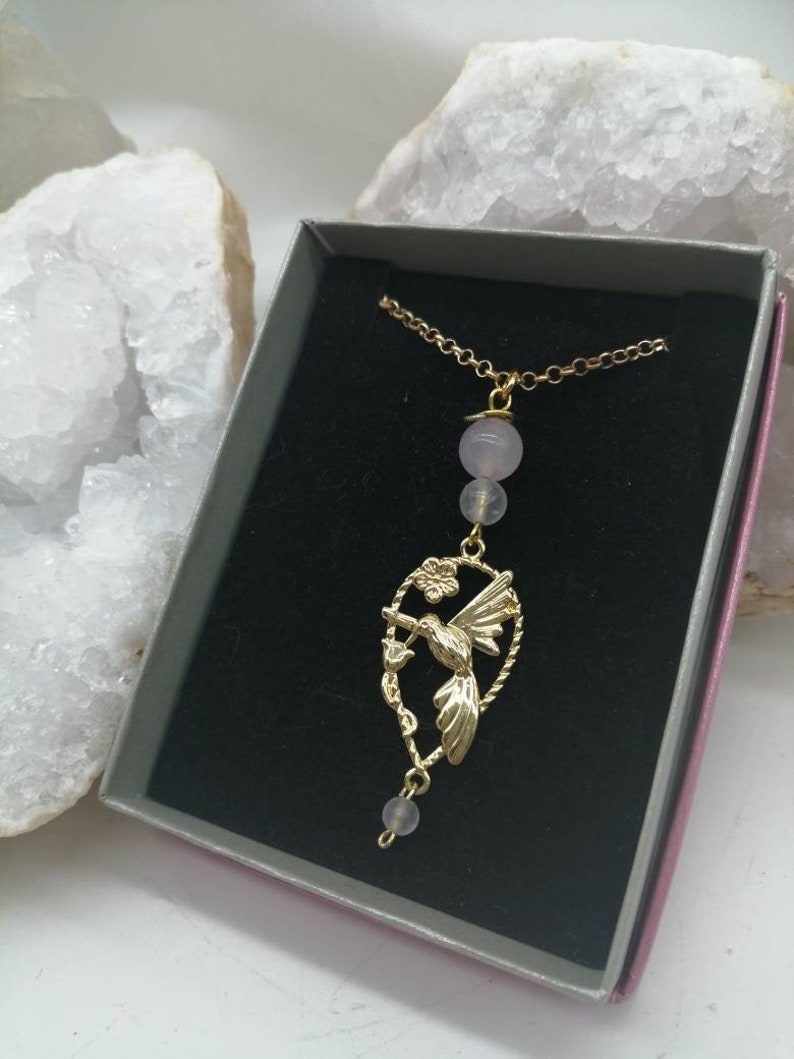 Magic Elf Bird fly Zen Quatz pink gold-plated flower box and chain offered EARRING TO OFFERT from 60 euros purchase
