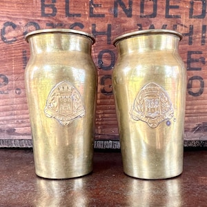 Pair of World War I Trench Art Brass Shell Vases with Brass Crests