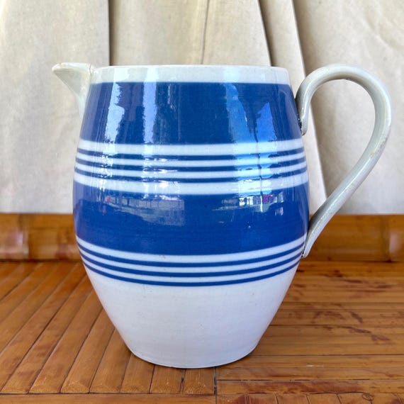 Large English Blue and White Striped Jug / Pitcher - Early 20th century